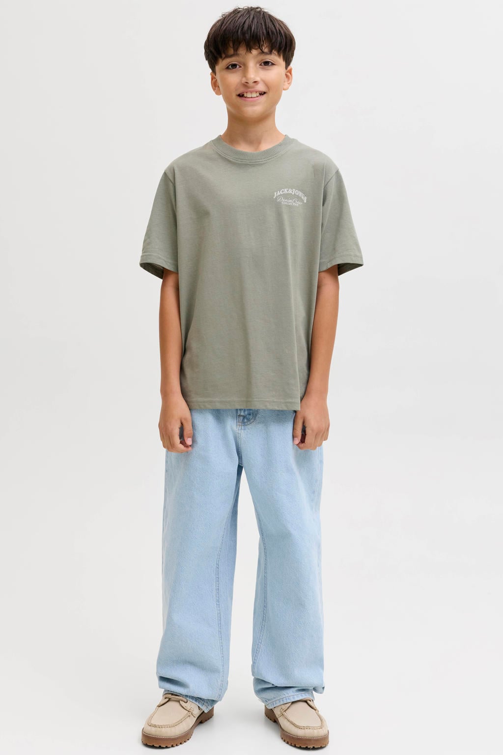 Grijsgroene jongens JACK & JONES JUNIOR T-shirt groen van katoen met backprint en korte mouwen