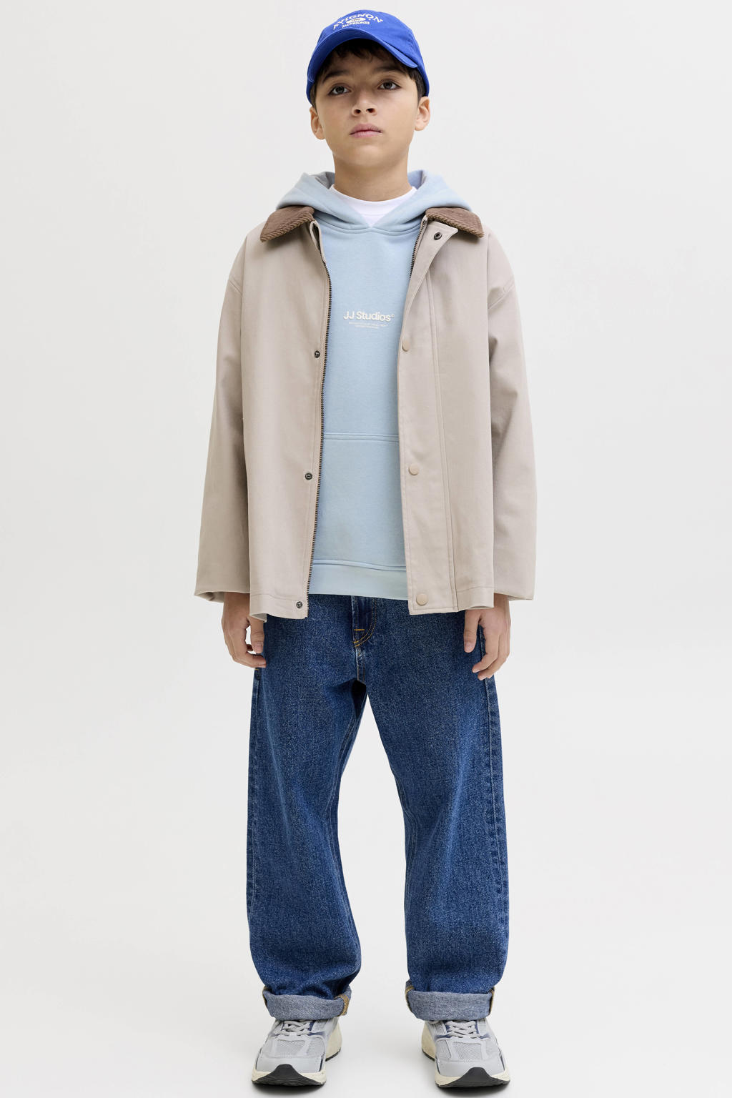 Lichtblauwe jongens JACK & JONES JUNIOR hoodie van sweat materiaal met tekst print, lange mouwen en capuchon