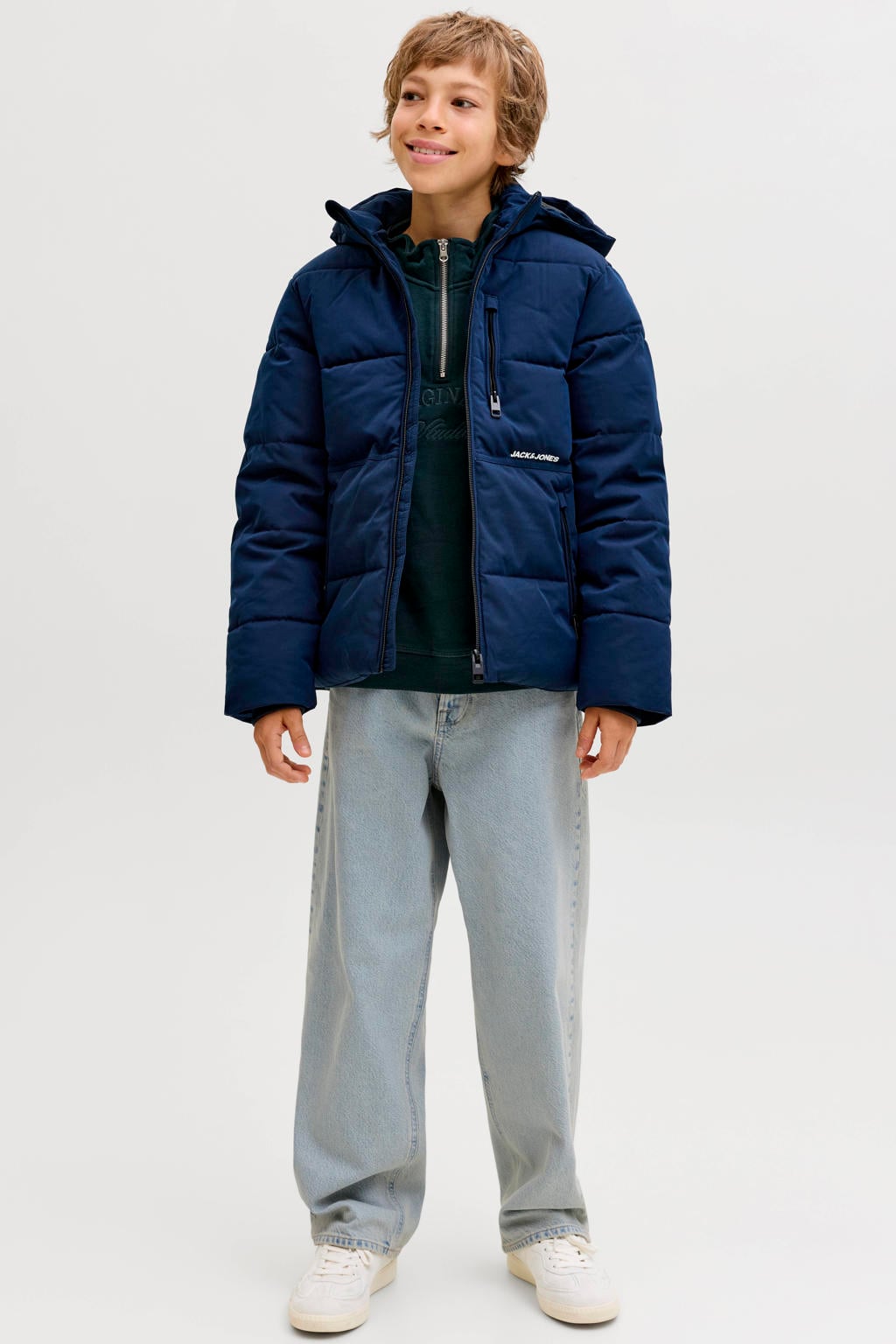 Light blue denim jongens JACK & JONES JUNIOR baggy jeans van denim met high waist, rits- en knoopsluiting en effen