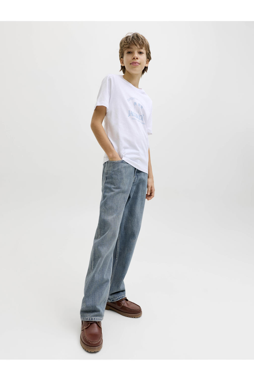 Medium blue denim jongens JACK & JONES JUNIOR baggy jeans van katoen met high waist, rits- en knoopsluiting en effen