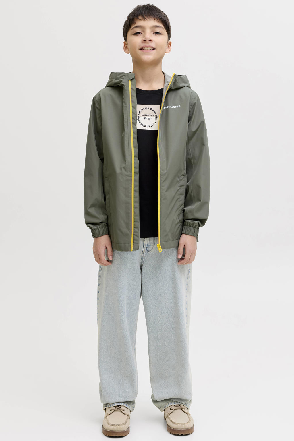 Olijfgroene jongens JACK & JONES JUNIOR regenjas van polyester met effen, lange mouwen, capuchon en ritssluiting