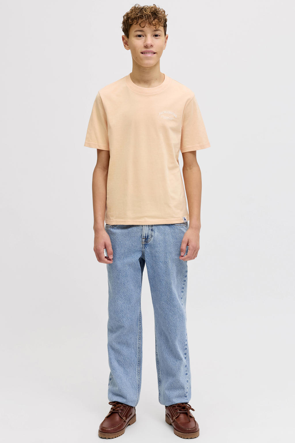 Roze jongens JACK & JONES JUNIOR T-shirt zand van katoen met backprint, korte mouwen en ronde hals