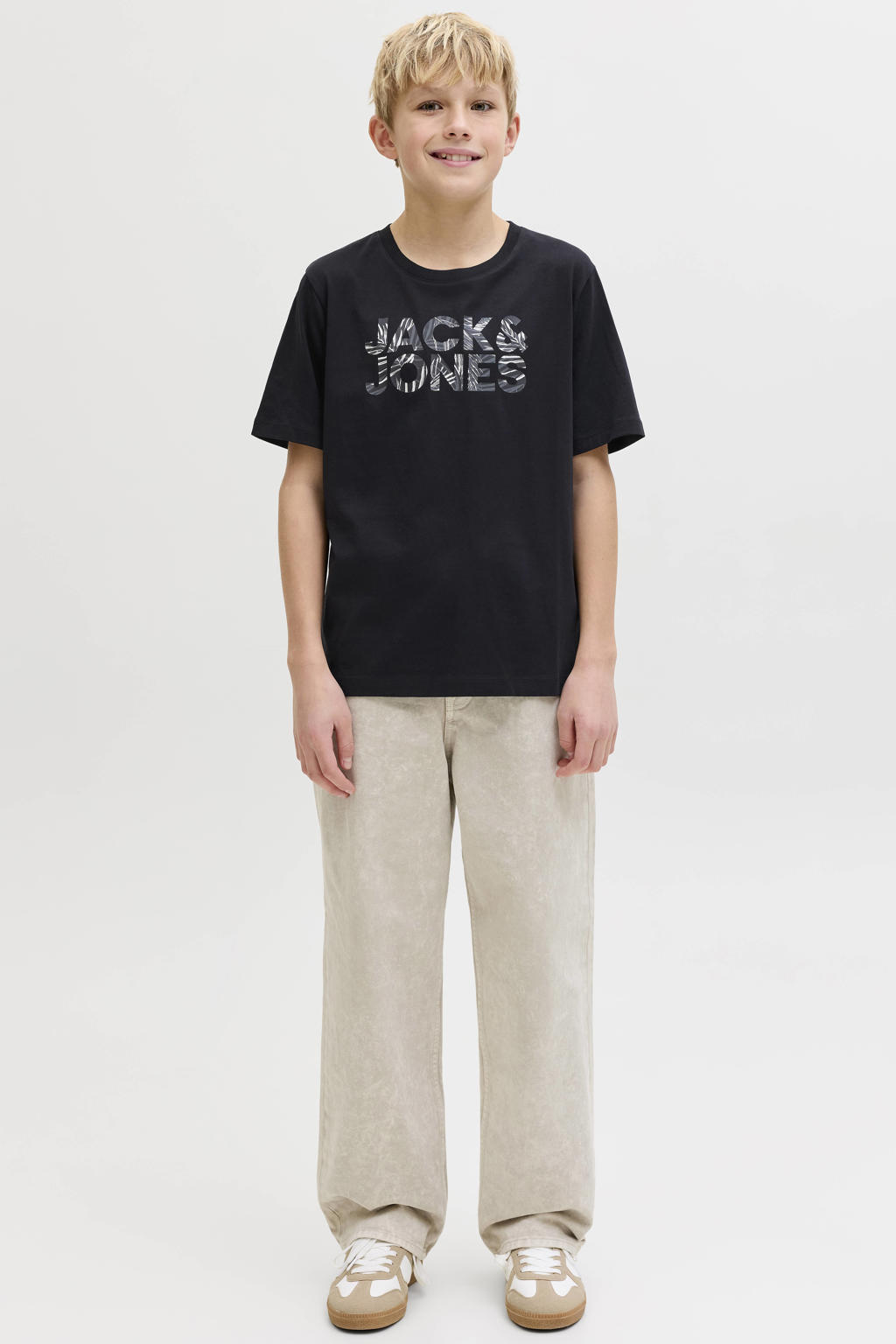 Zwarte jongens JACK & JONES JUNIOR T-shirt van katoen met logo dessin, korte mouwen en ronde hals