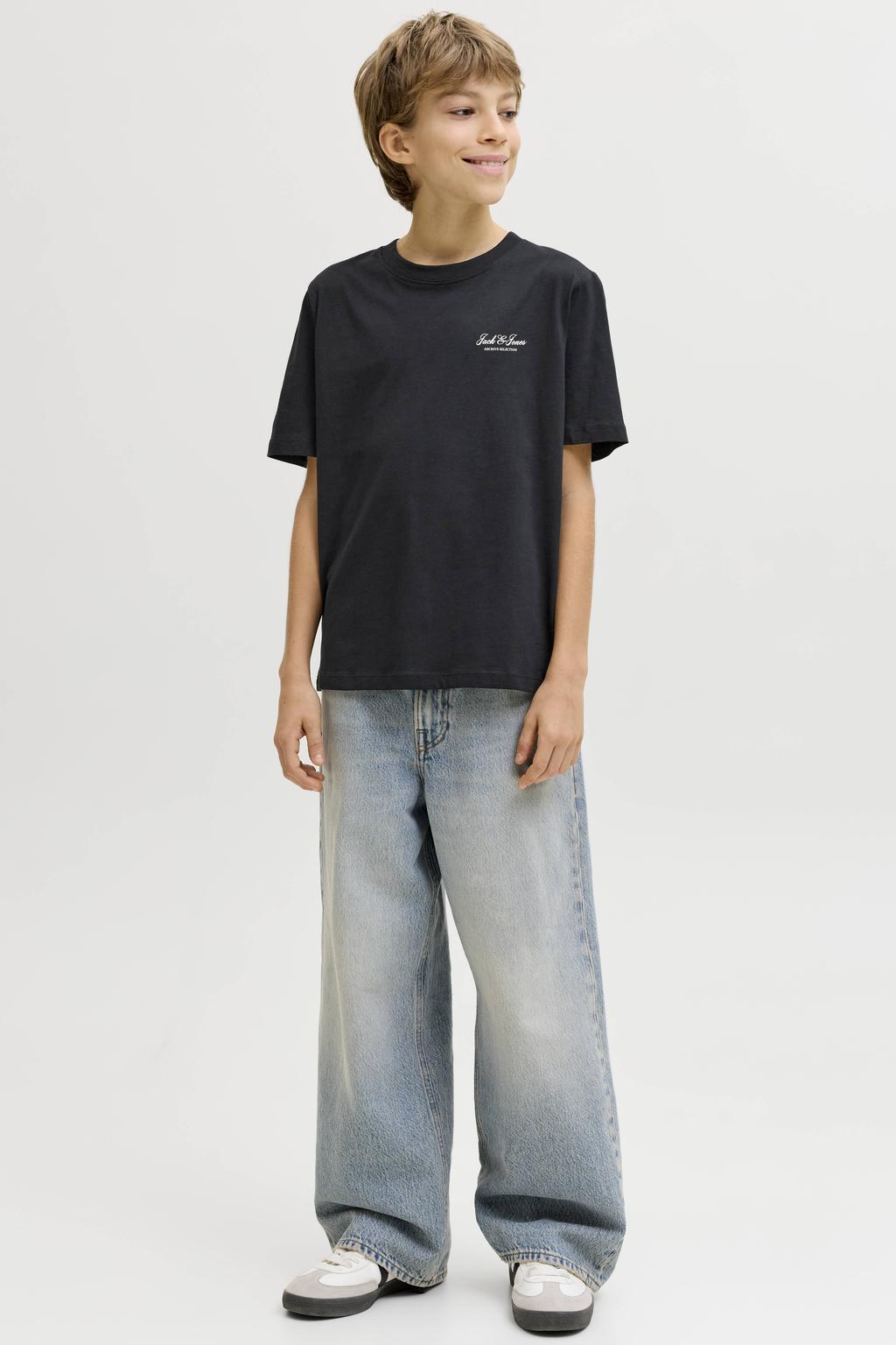 Zwarte jongens JACK & JONES JUNIOR T-shirt van katoen met effen, korte mouwen en ronde hals