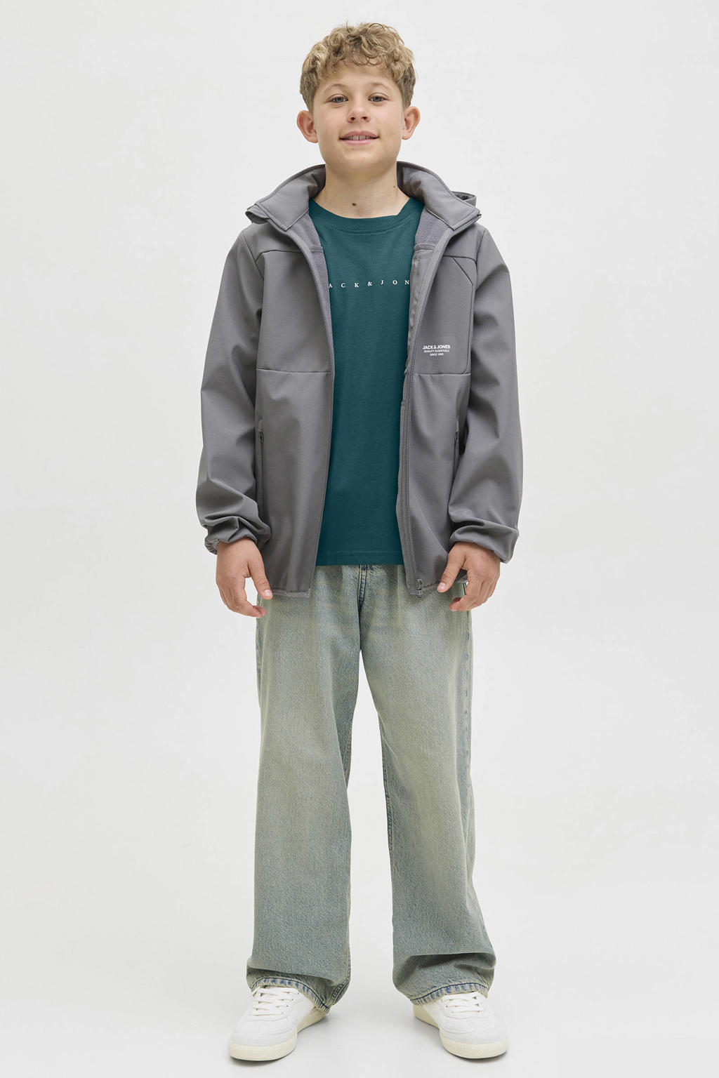 Donkergroene jongens JACK & JONES JUNIOR T-shirt van katoen met tekst print, korte mouwen en ronde hals