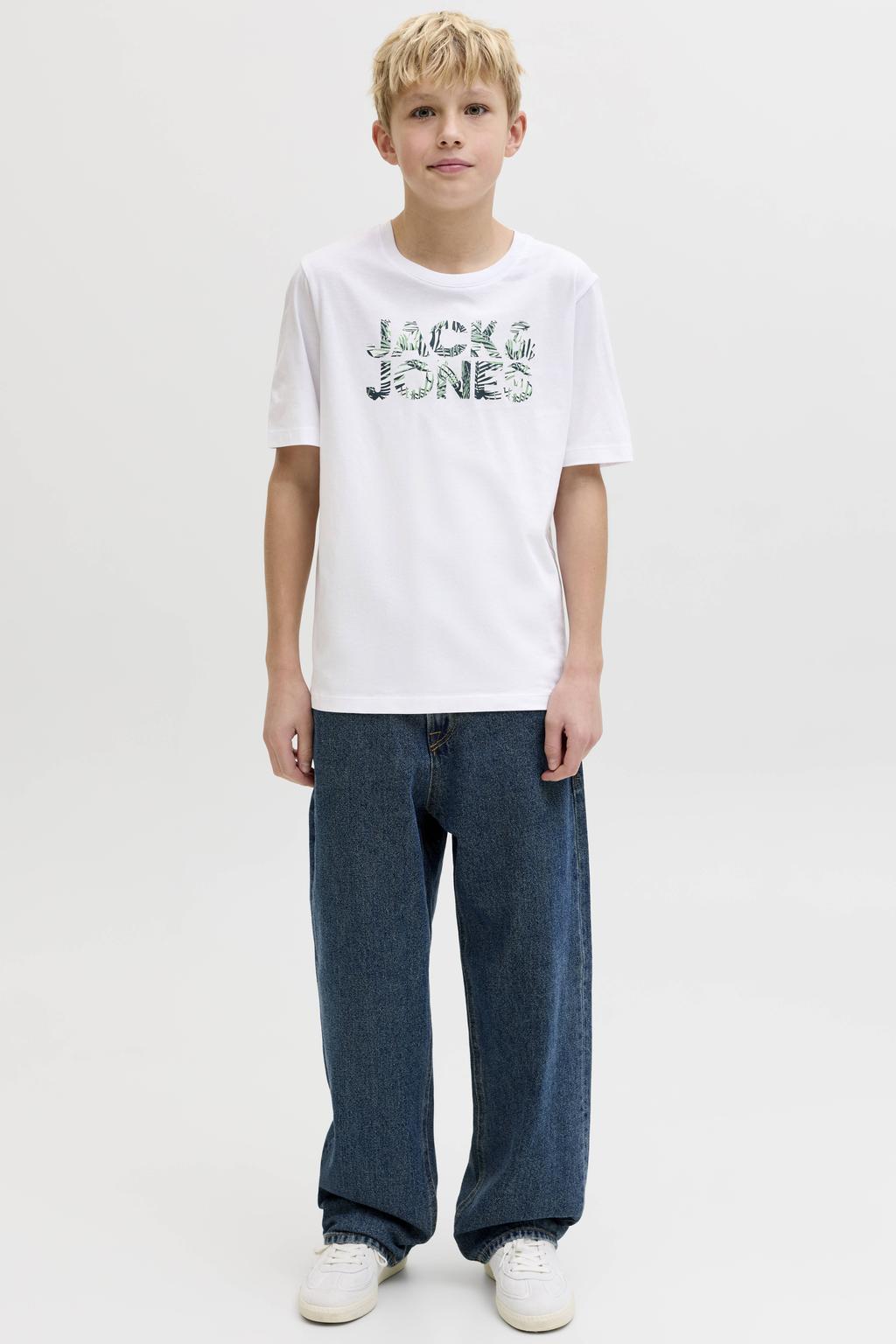 Witte jongens JACK & JONES JUNIOR T-shirt van katoen met logo dessin, korte mouwen en ronde hals