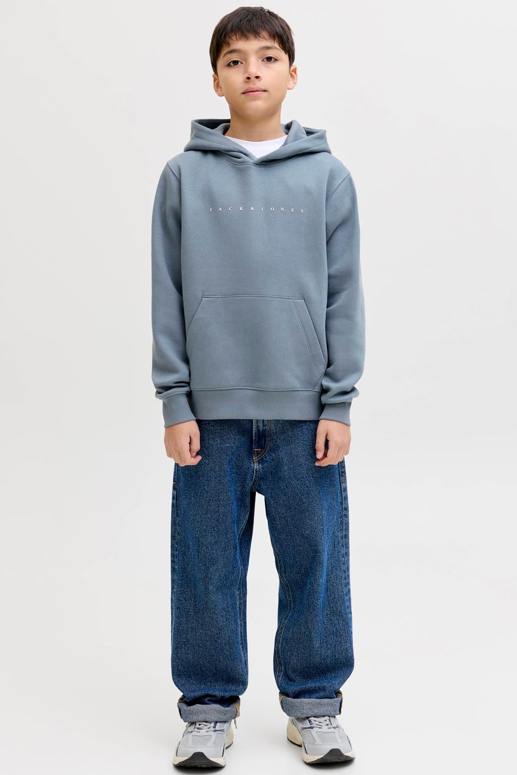 Blauwe jongens JACK & JONES JUNIOR hoodie van sweat materiaal met tekst print, lange mouwen en capuchon