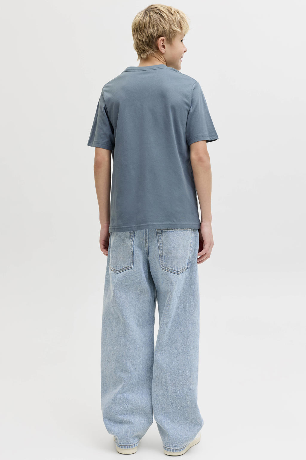 Blauwe jongens JACK & JONES JUNIOR T-shirt van katoen met tekst print, korte mouwen en ronde hals