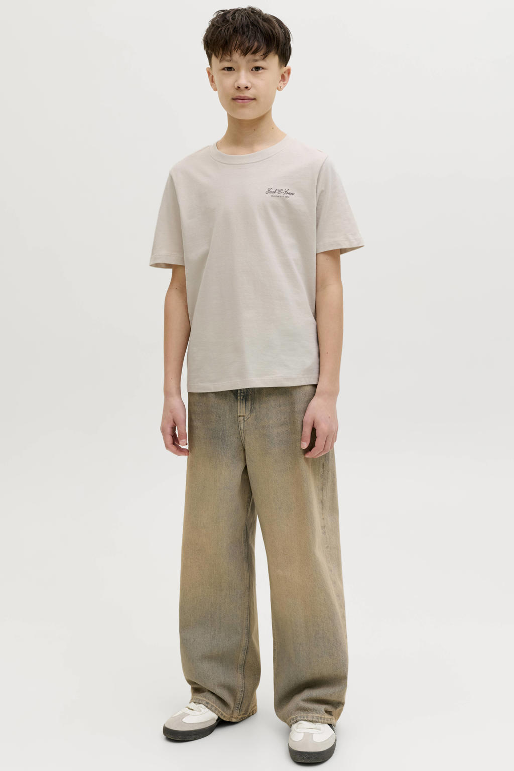 Beige jongens JACK & JONES JUNIOR T-shirt van katoen met effen, korte mouwen en ronde hals