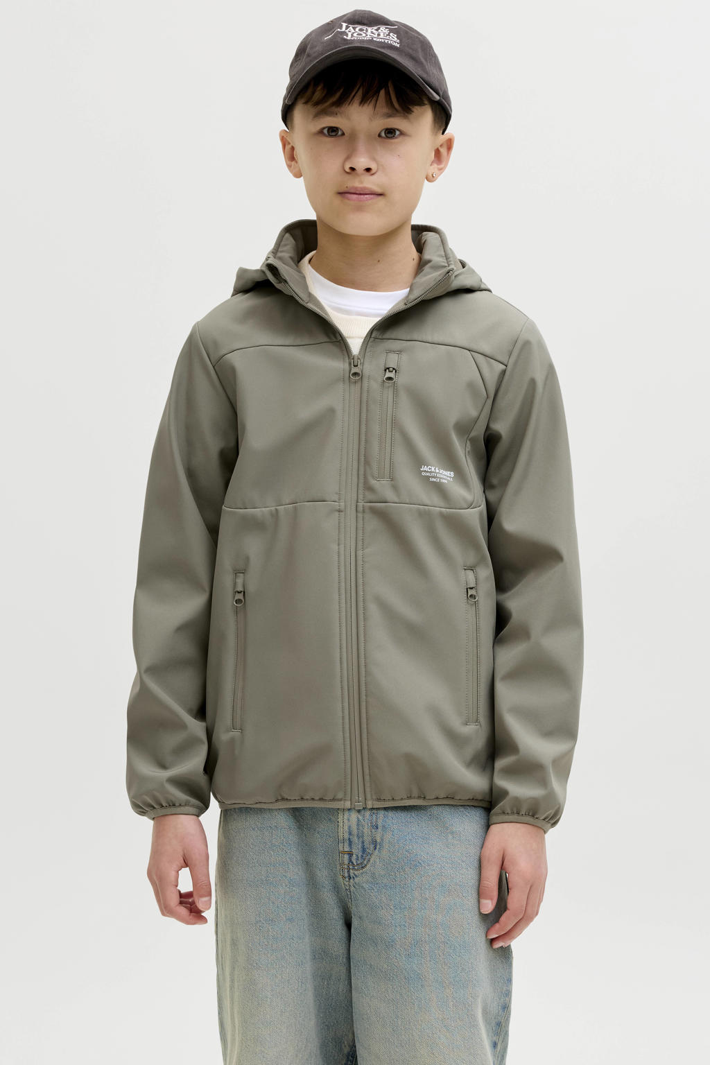Grijsgroene jongens JACK & JONES JUNIOR softshell jas groen van polyester met effen, lange mouwen, capuchon en ritssluiting