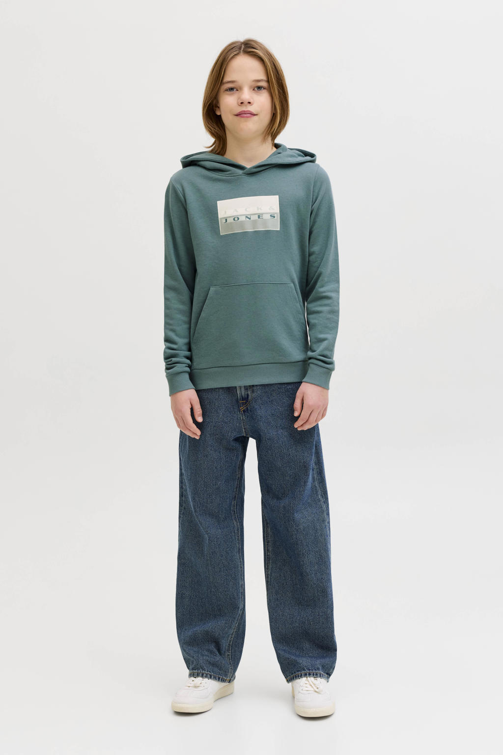 Groene jongens JACK & JONES JUNIOR hoodie van sweat materiaal met logo dessin, lange mouwen en capuchon