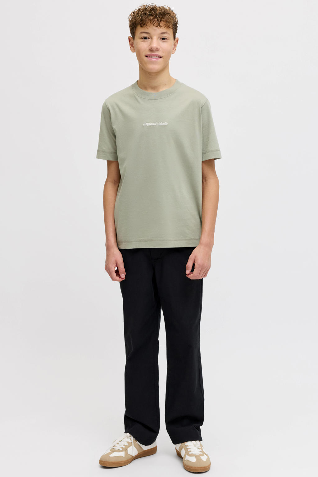Lichtgroene jongens JACK & JONES JUNIOR T-shirt van katoen met tekst print, korte mouwen en ronde hals