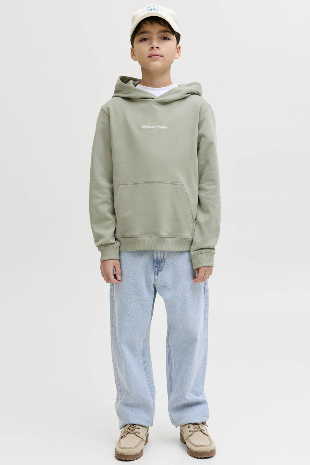 Lichtgroene jongens JACK & JONES JUNIOR hoodie van sweat materiaal met tekst print, lange mouwen en capuchon
