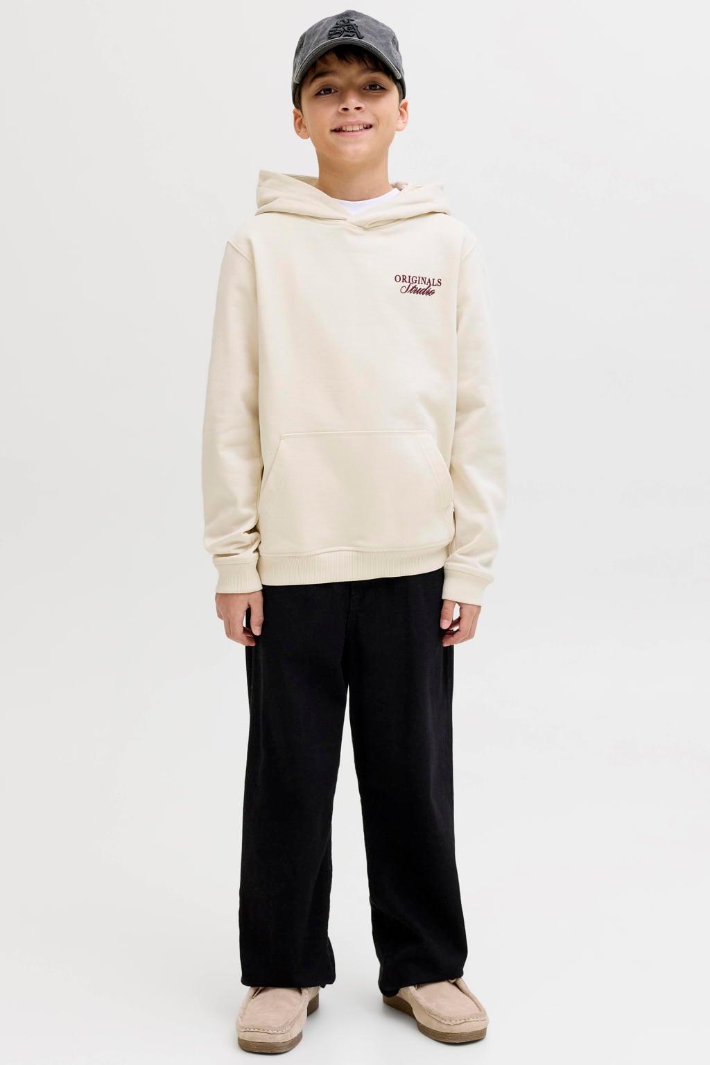 Ecru jongens JACK & JONES JUNIOR hoodie van sweat materiaal met backprint, lange mouwen en capuchon