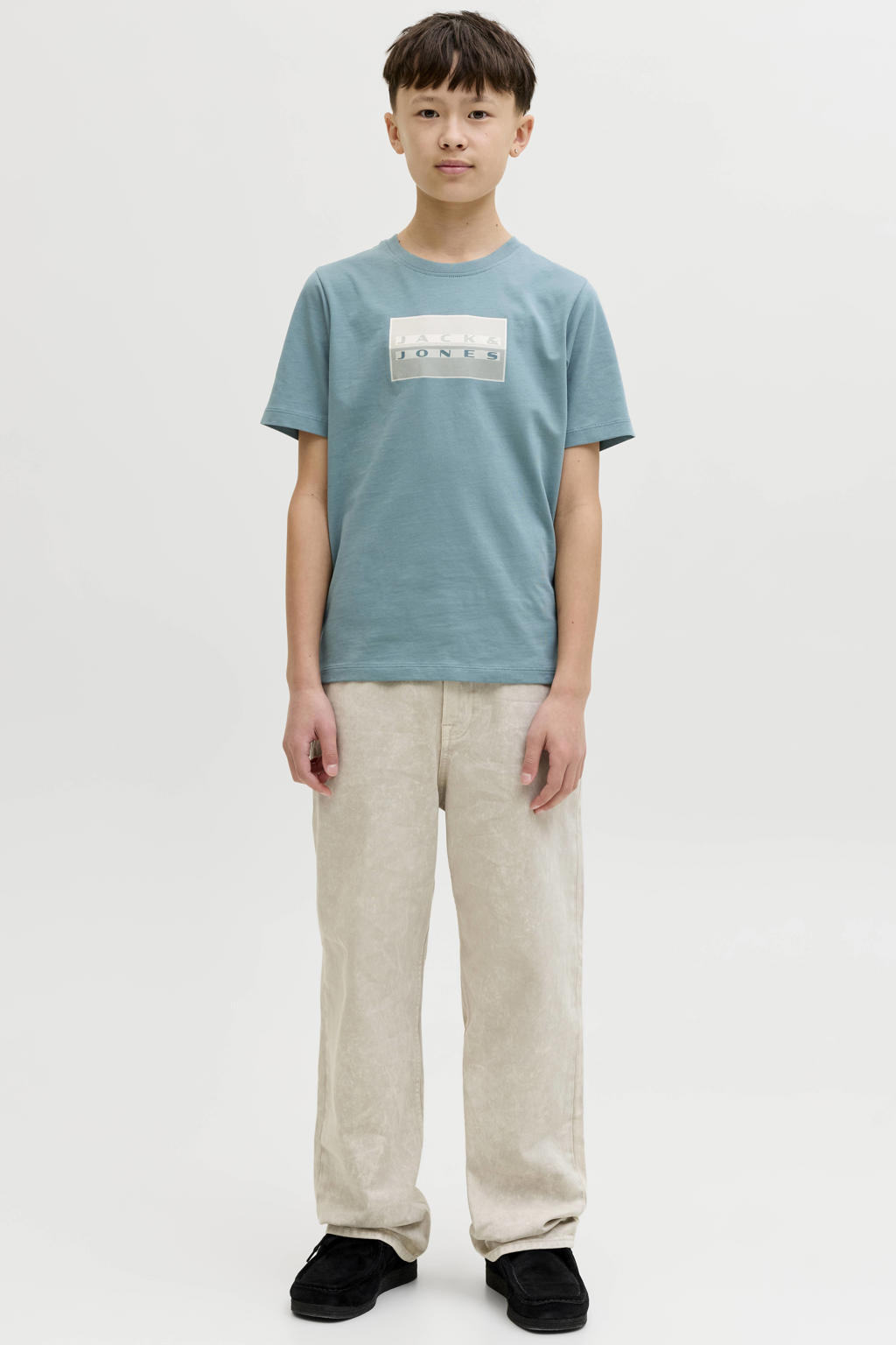 Turquoise jongens JACK & JONES JUNIOR T-shirt van katoen met printopdruk, korte mouwen en ronde hals