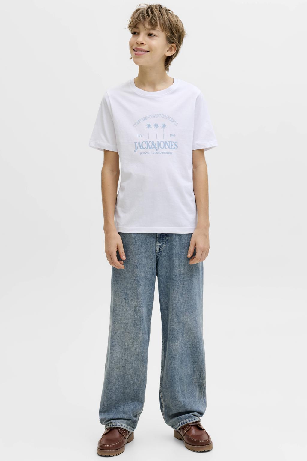 Witte jongens JACK & JONES JUNIOR T-shirt van katoen met logo dessin, korte mouwen en ronde hals