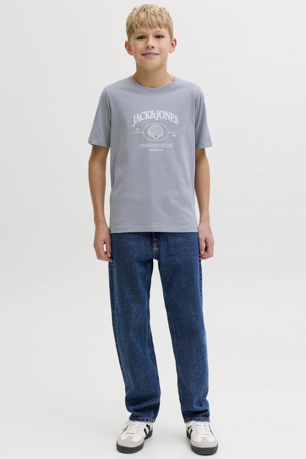 Lichtblauwe jongens JACK & JONES JUNIOR T-shirt van katoen met logo dessin, korte mouwen en ronde hals