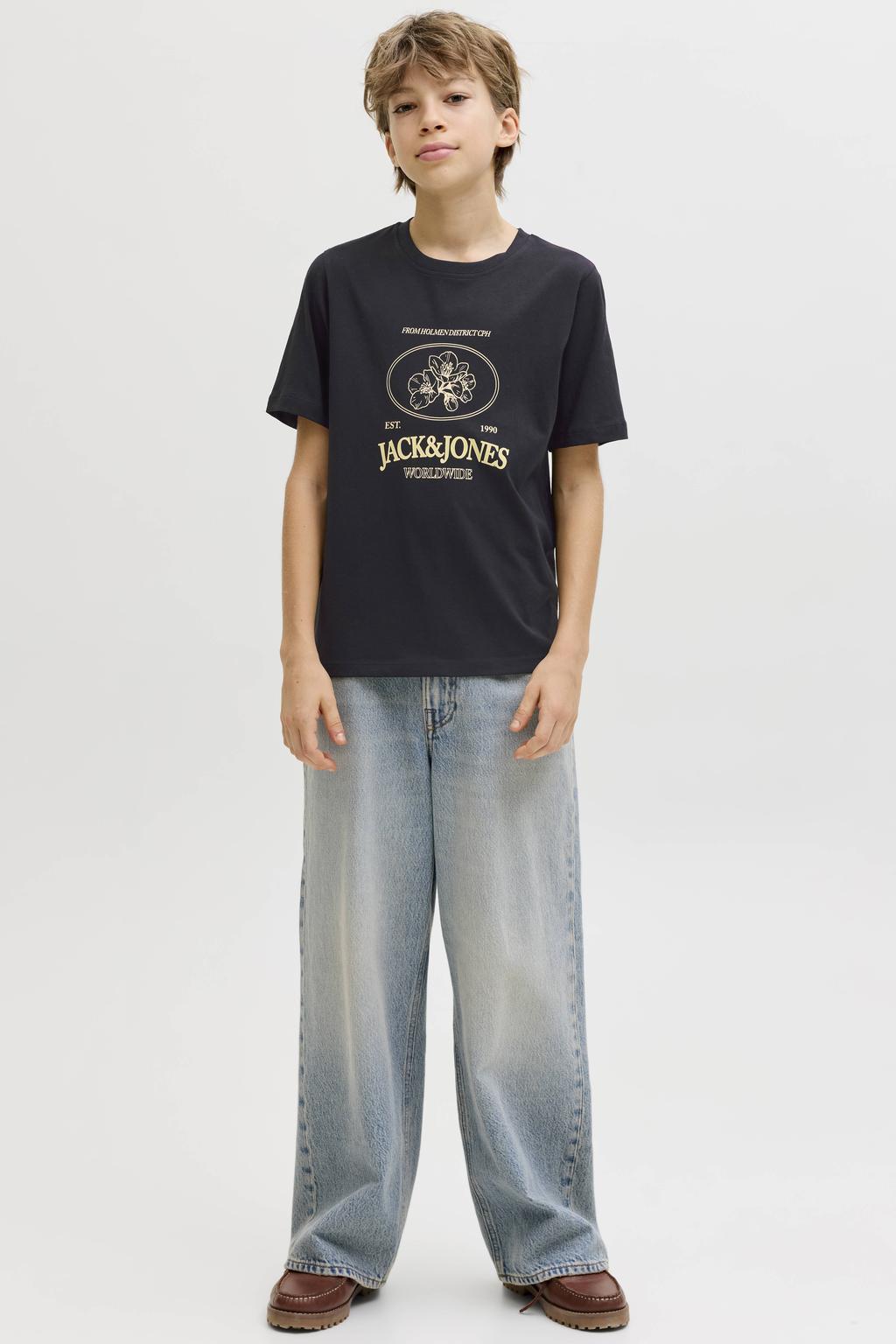 Zwarte jongens JACK & JONES JUNIOR T-shirt van katoen met logo dessin, korte mouwen en ronde hals