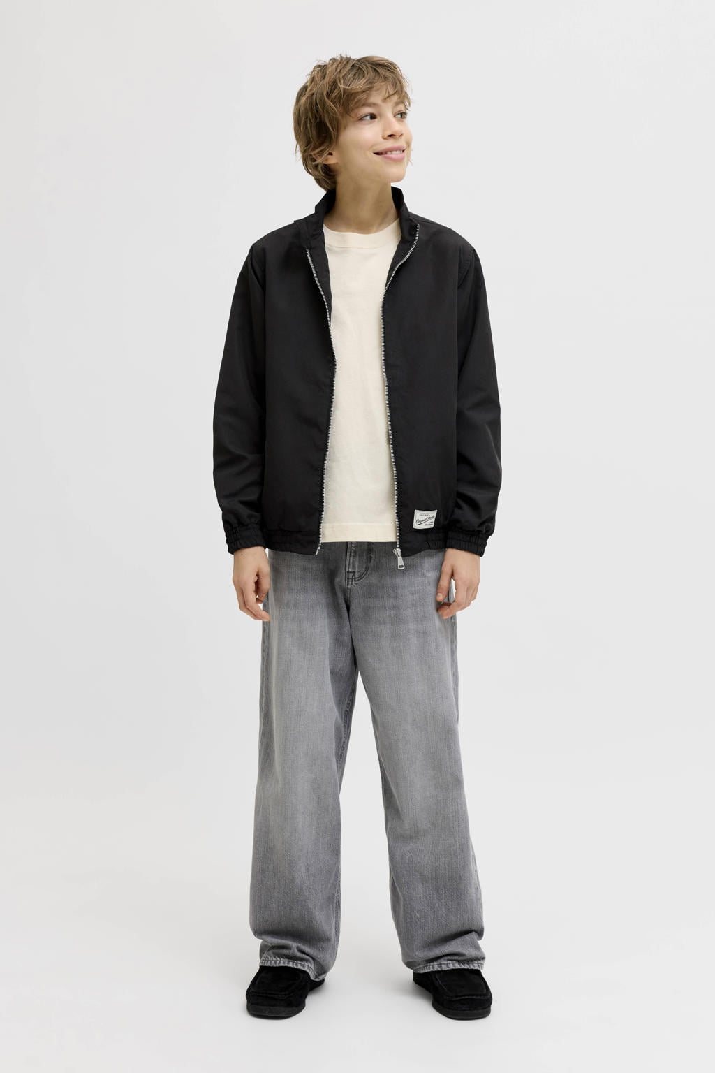 Black denim jongens JACK & JONES JUNIOR wide leg jeans black van denim met high waist, rits- en knoopsluiting en effen