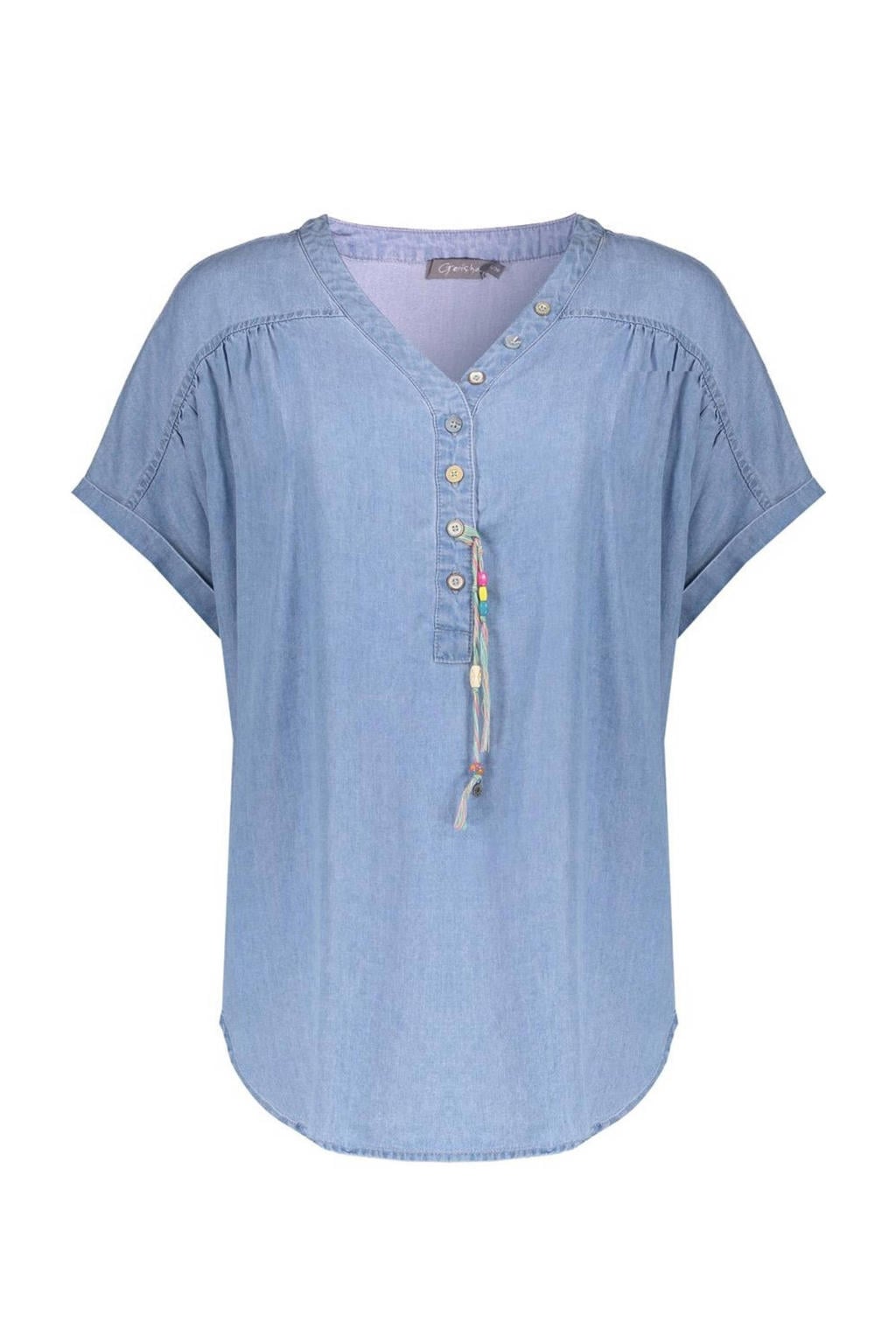 Light blue denim dames Geisha top van lyocell met effen, korte mouwen, V-hals en kraaltjes