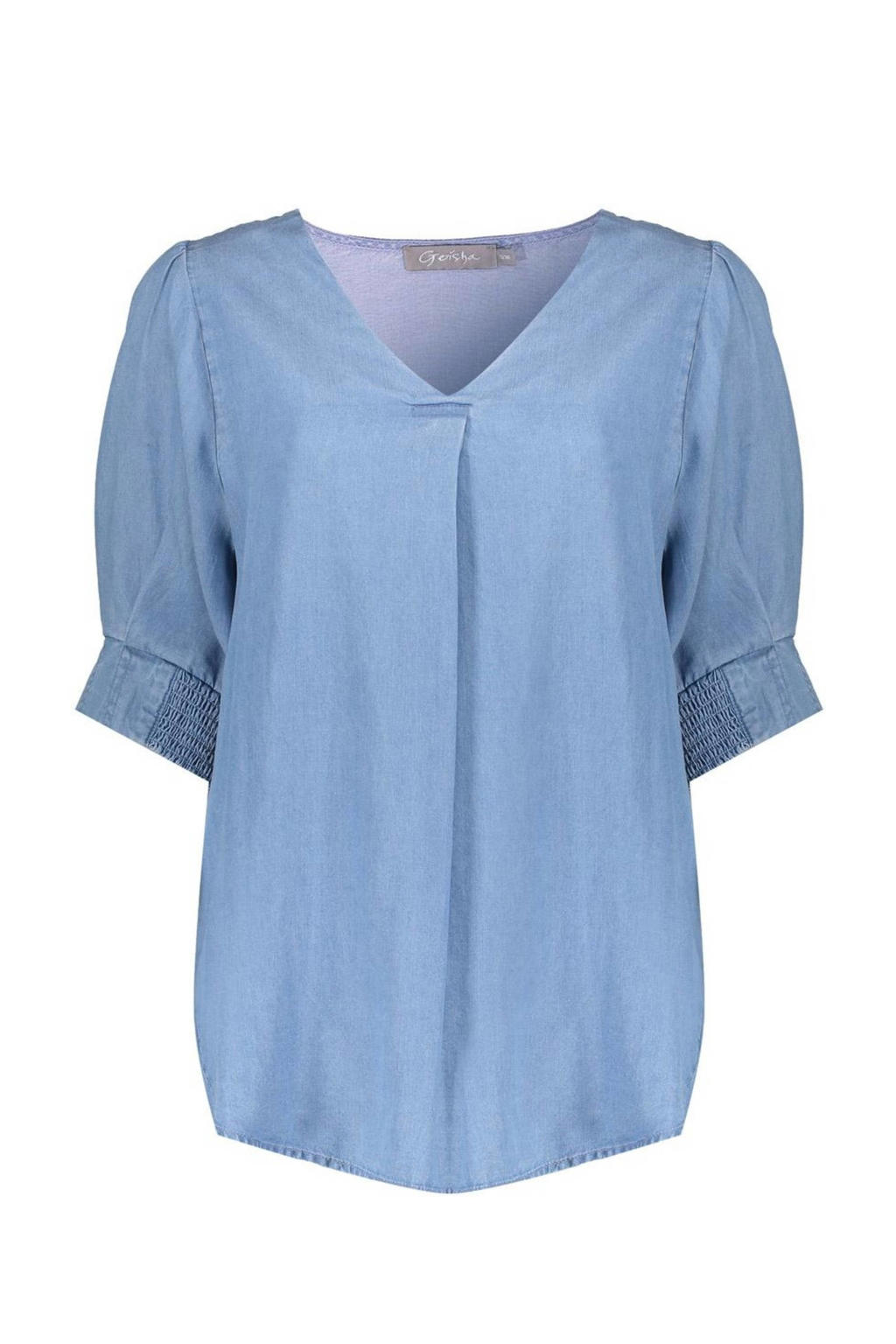 Blauwe dames Geisha blousetop van lyocell met effen, korte mouwen, V-hals en geweven detail