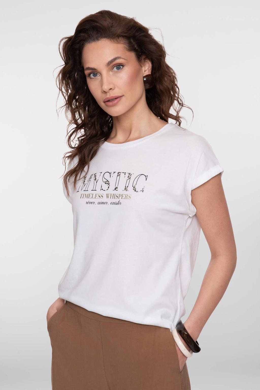 Witte dames Geisha T-shirt van katoen met printopdruk, korte mouwen, ronde hals en omslagdetail