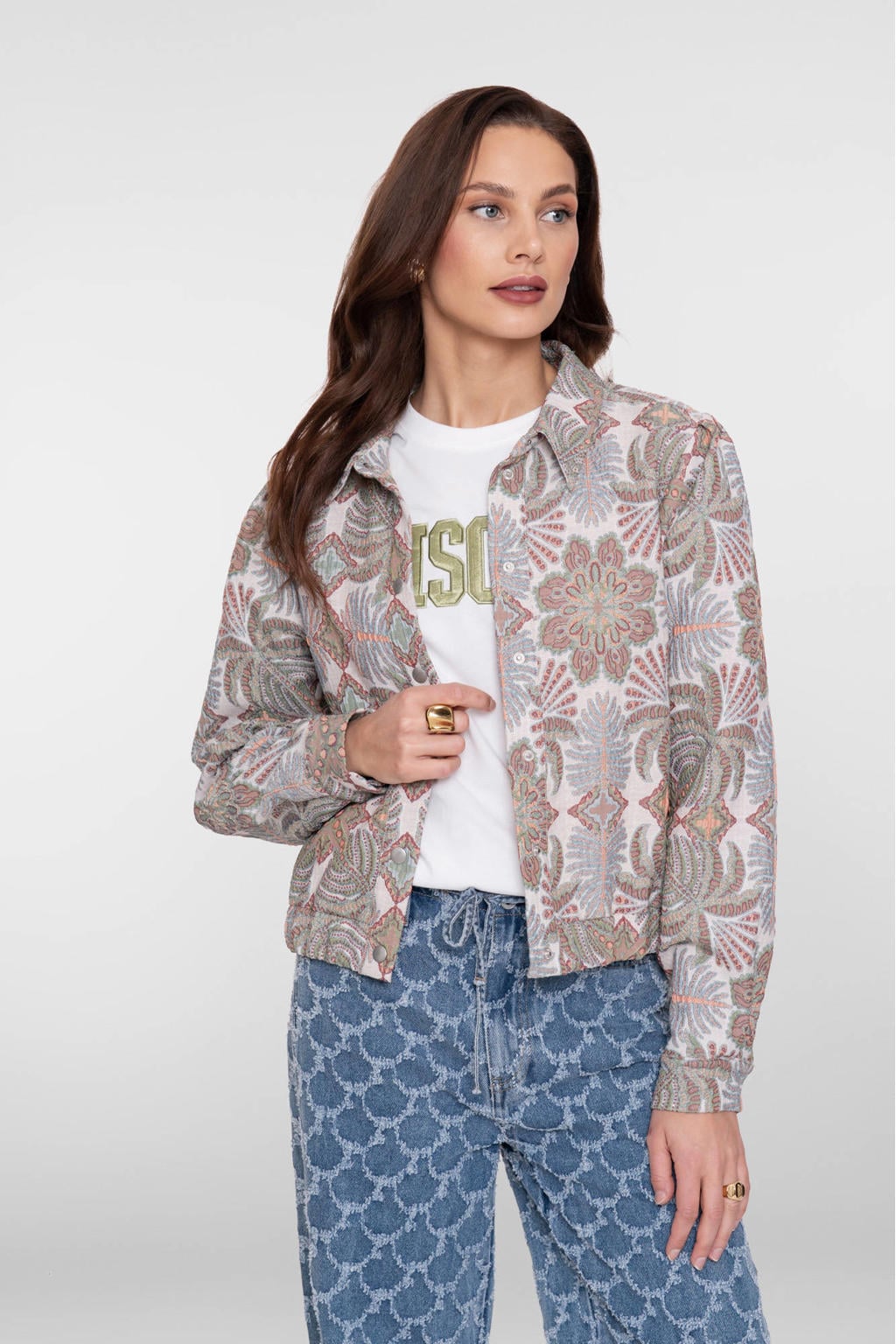Olijfgroen, ecru en blauwe dames Geisha bomberjack van polyester met lange mouwen en klassieke kraag