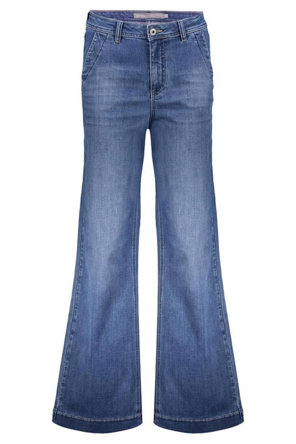 Dark blue denim dames Geisha flared jeans dark blue van denim met rits- en knoopsluiting en effen