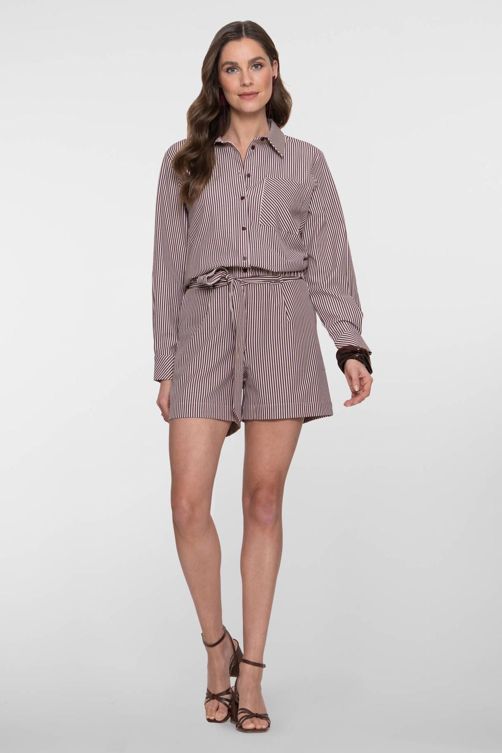 Donkerrood en ecru dames Geisha straight high waist gestreepte casual short van viscose met rits- en knoopsluiting