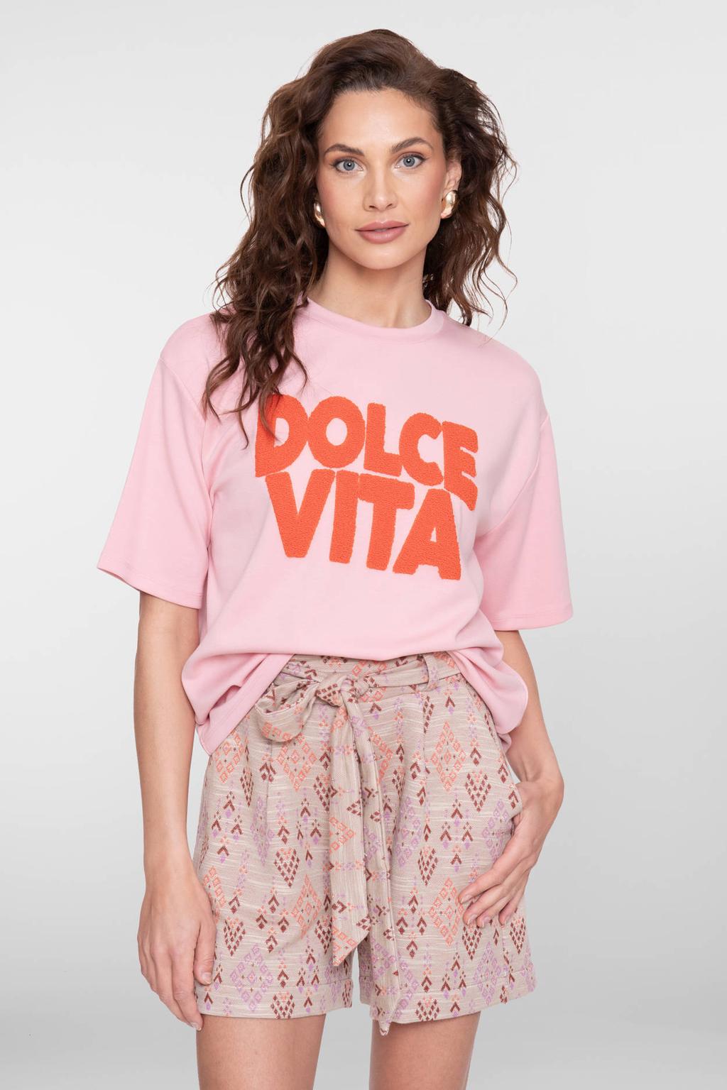 Lichtroze dames Geisha T-shirt van viscose met effen, korte mouwen, ronde hals en teddy detail