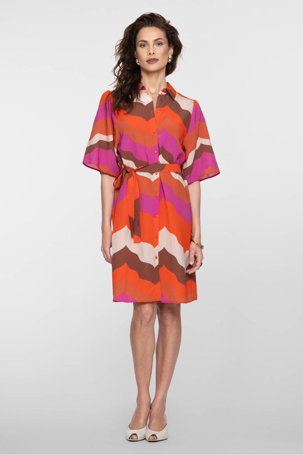 Oranje dames Geisha blousejurk van viscose met half lange mouwen, klassieke kraag en knoopsluiting