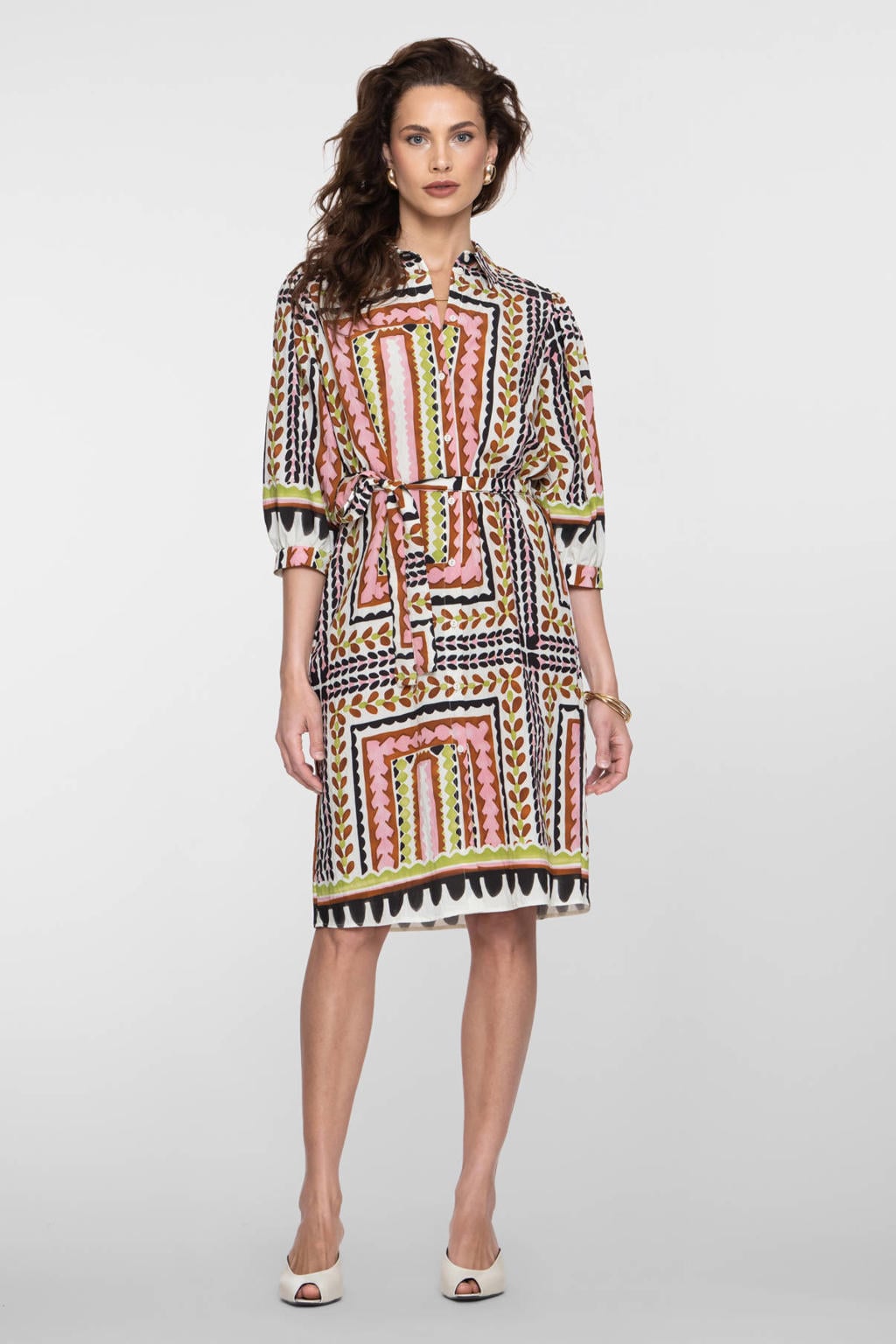 Multikleurige dames Geisha blousejurk van viscose met driekwart mouwen, klassieke kraag en knoopsluiting