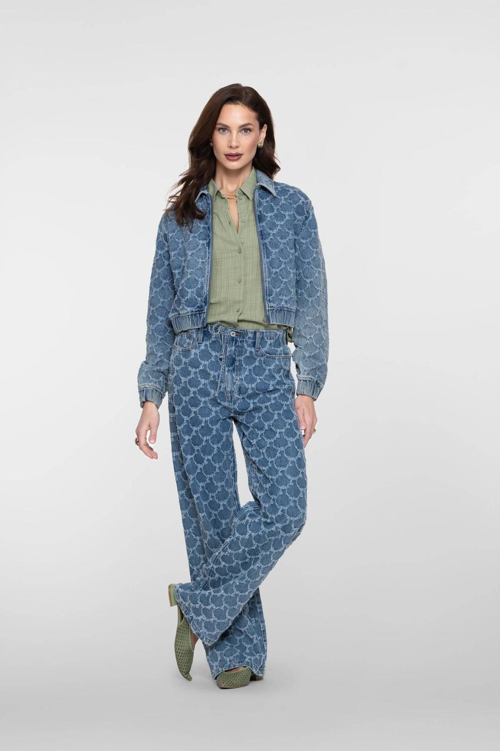 Medium blue denim dames Geisha spijkerjas van denim met effen, lange mouwen en klassieke kraag
