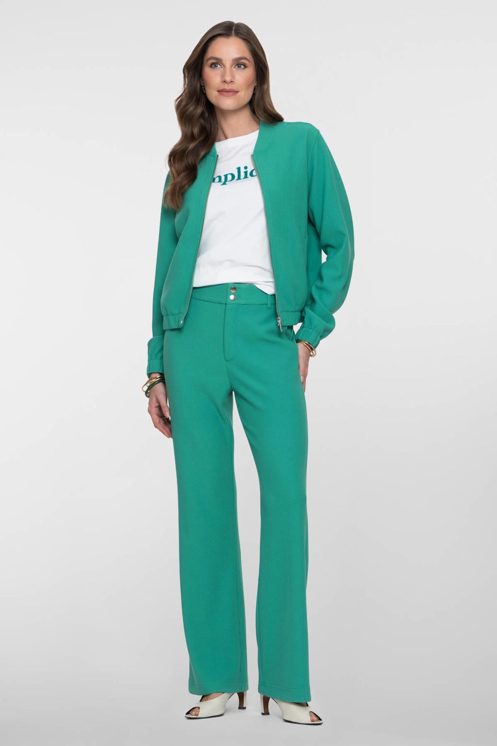 Groene dames Geisha bomberjack van polyester met effen, lange mouwen en ronde hals