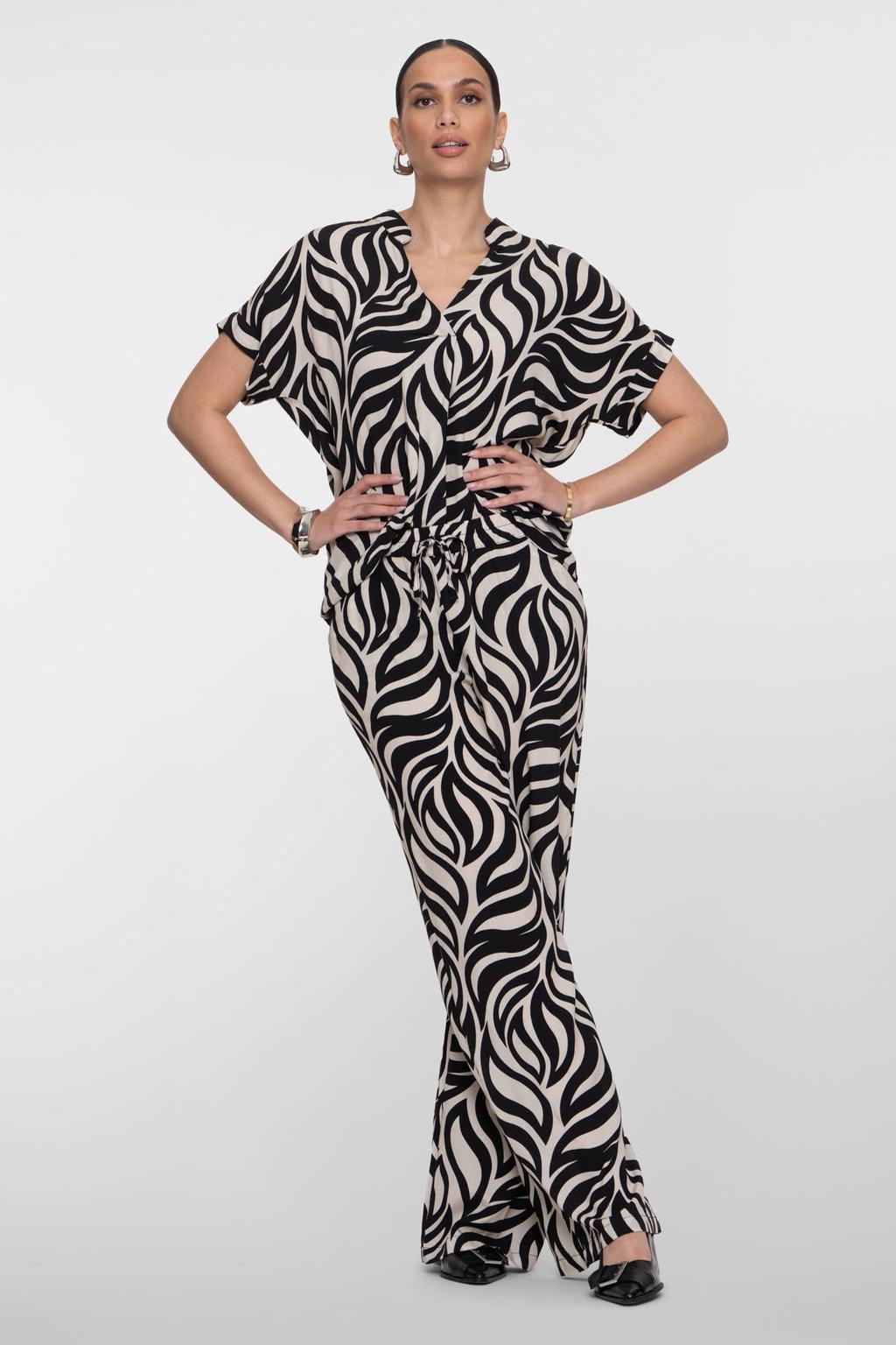 Zwarte dames Geisha regular waist casual broek van viscose met loose fit en elastische tailleband met koord