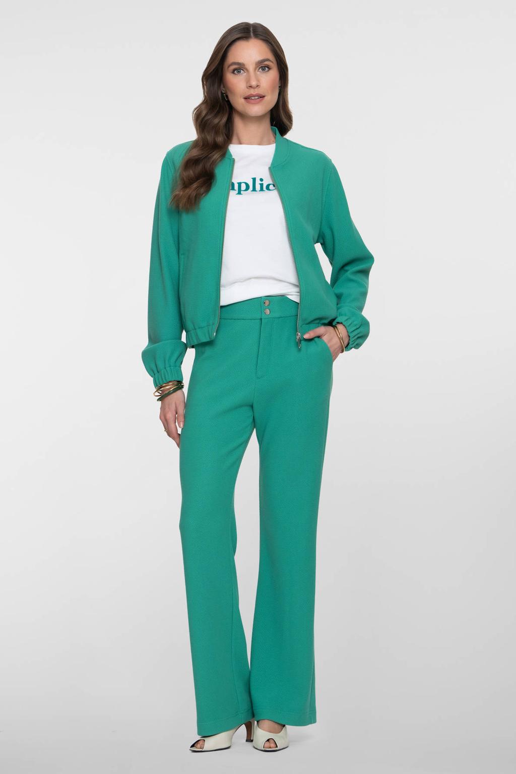Groene dames Geisha straight high waist broek van polyester met rits- en knoopsluiting en effen