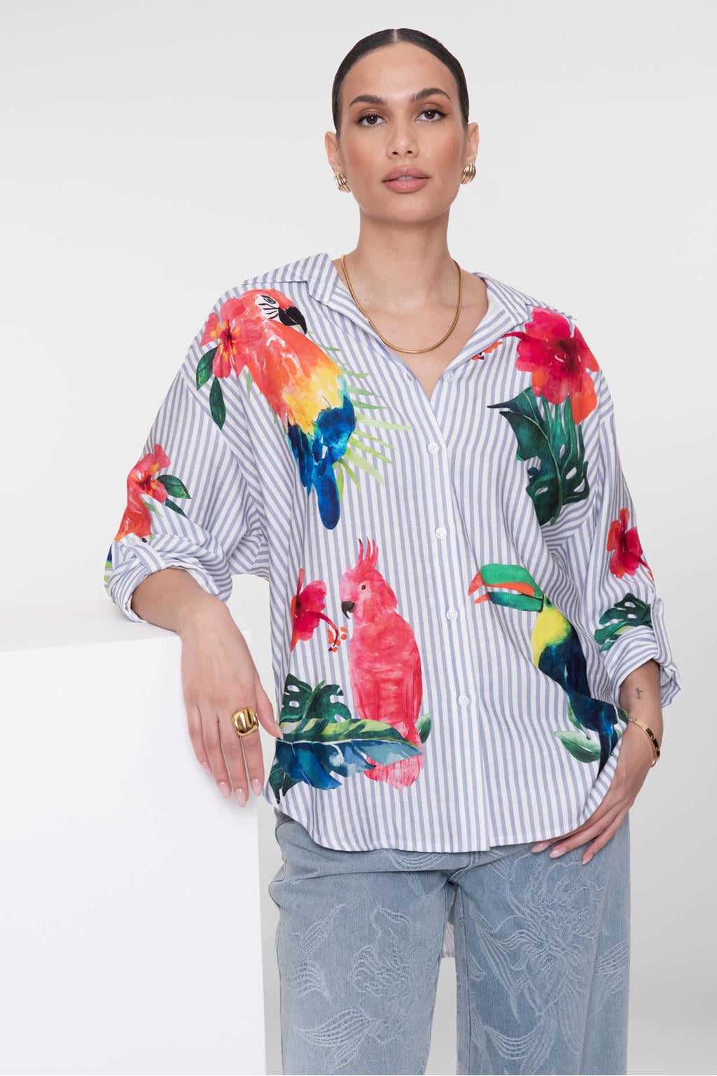 Multikleurige dames Geisha gestreepte blouse van lyocell met dierenprint, lange mouwen, klassieke kraag en knoopsluiting