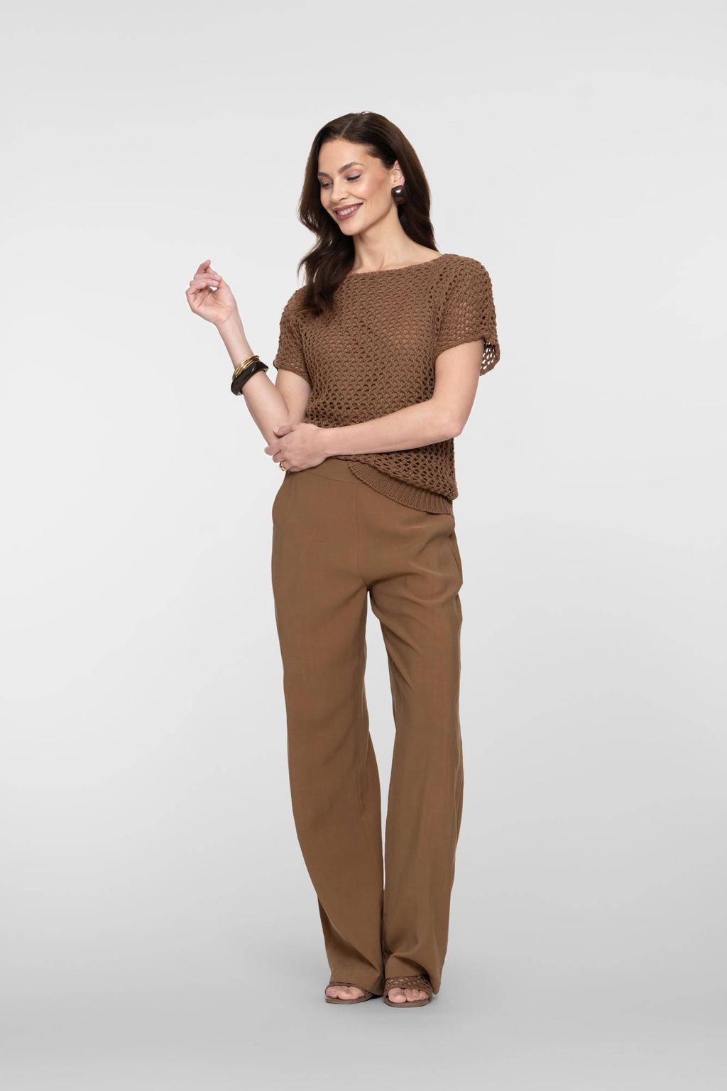 Bruine dames Geisha wide leg high waist broek van viscose met effen