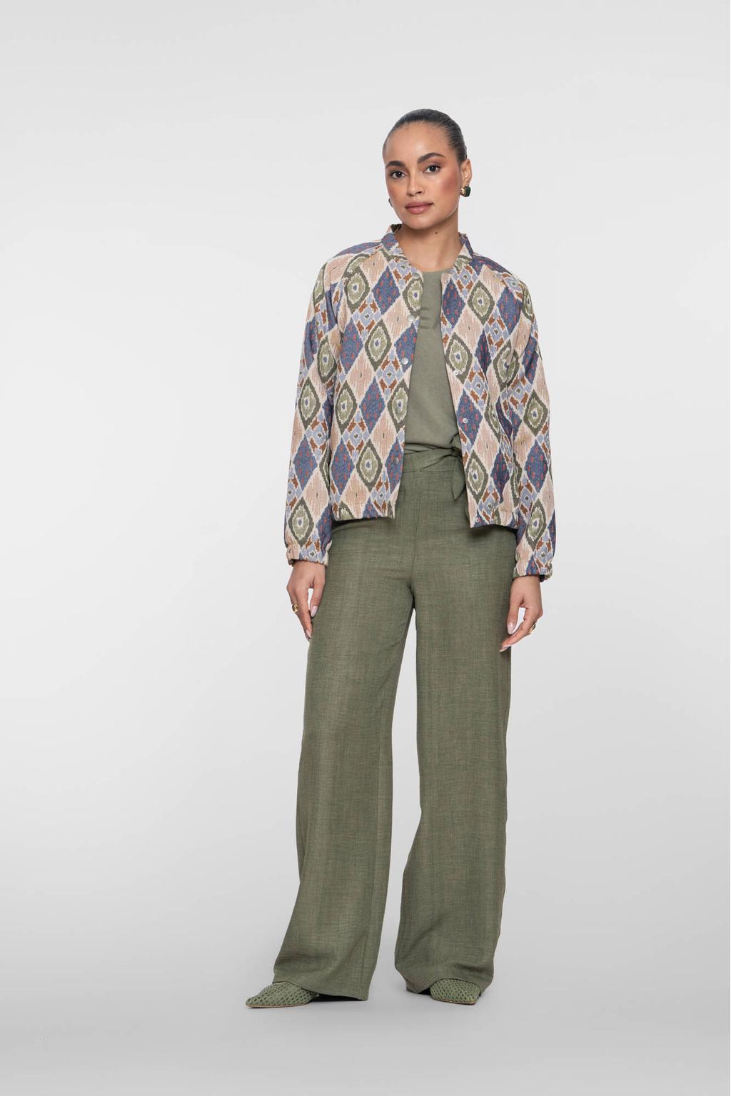 Ecru, blauw en groene dames Geisha bomberjack van polyester met lange mouwen en ronde hals