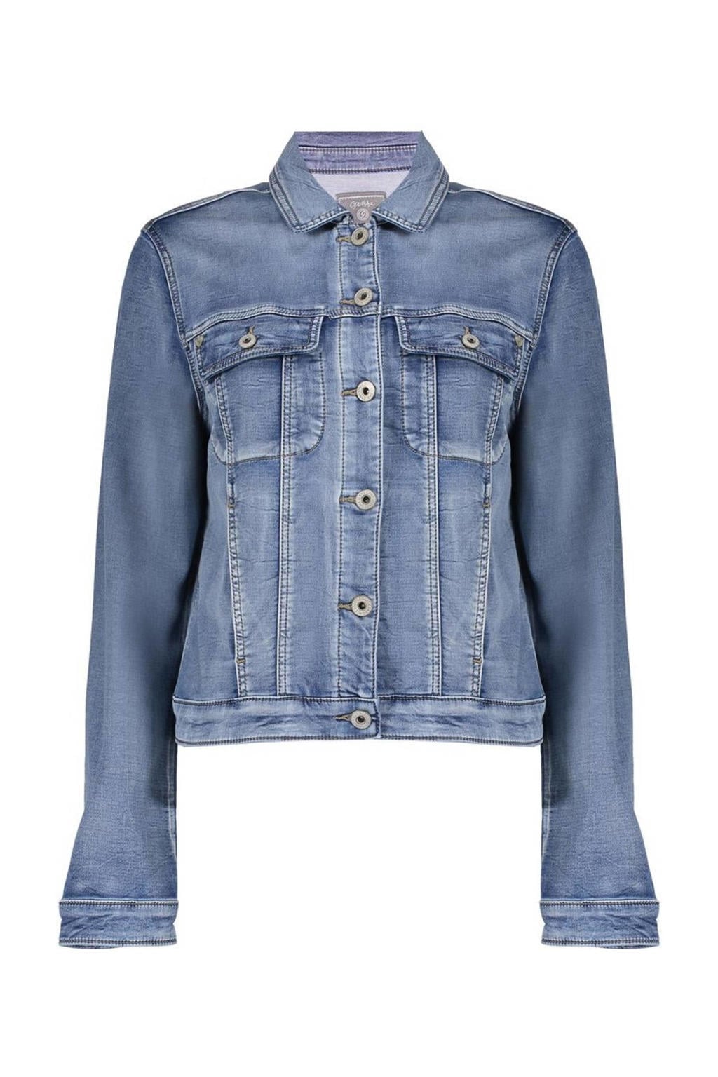 Blauwe dames Geisha spijkerjas van denim met effen, lange mouwen en klassieke kraag