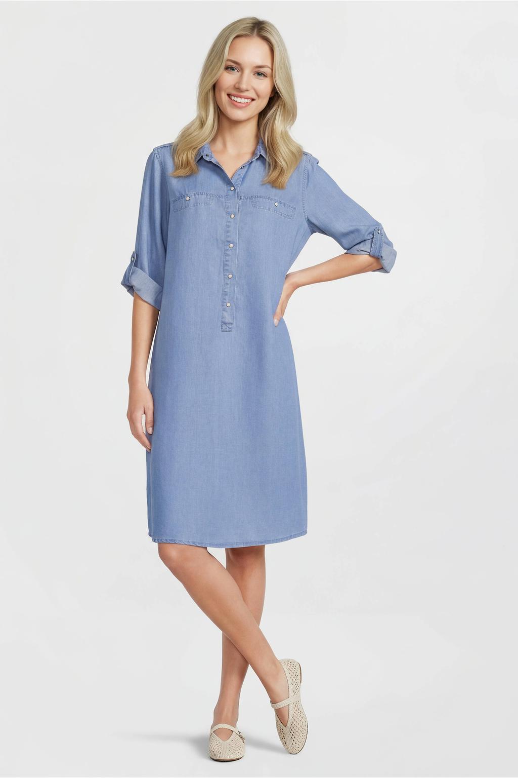 Blauwe dames Geisha blousejurk van lyocell met effen, lange mouwen, klassieke kraag en knoopsluiting