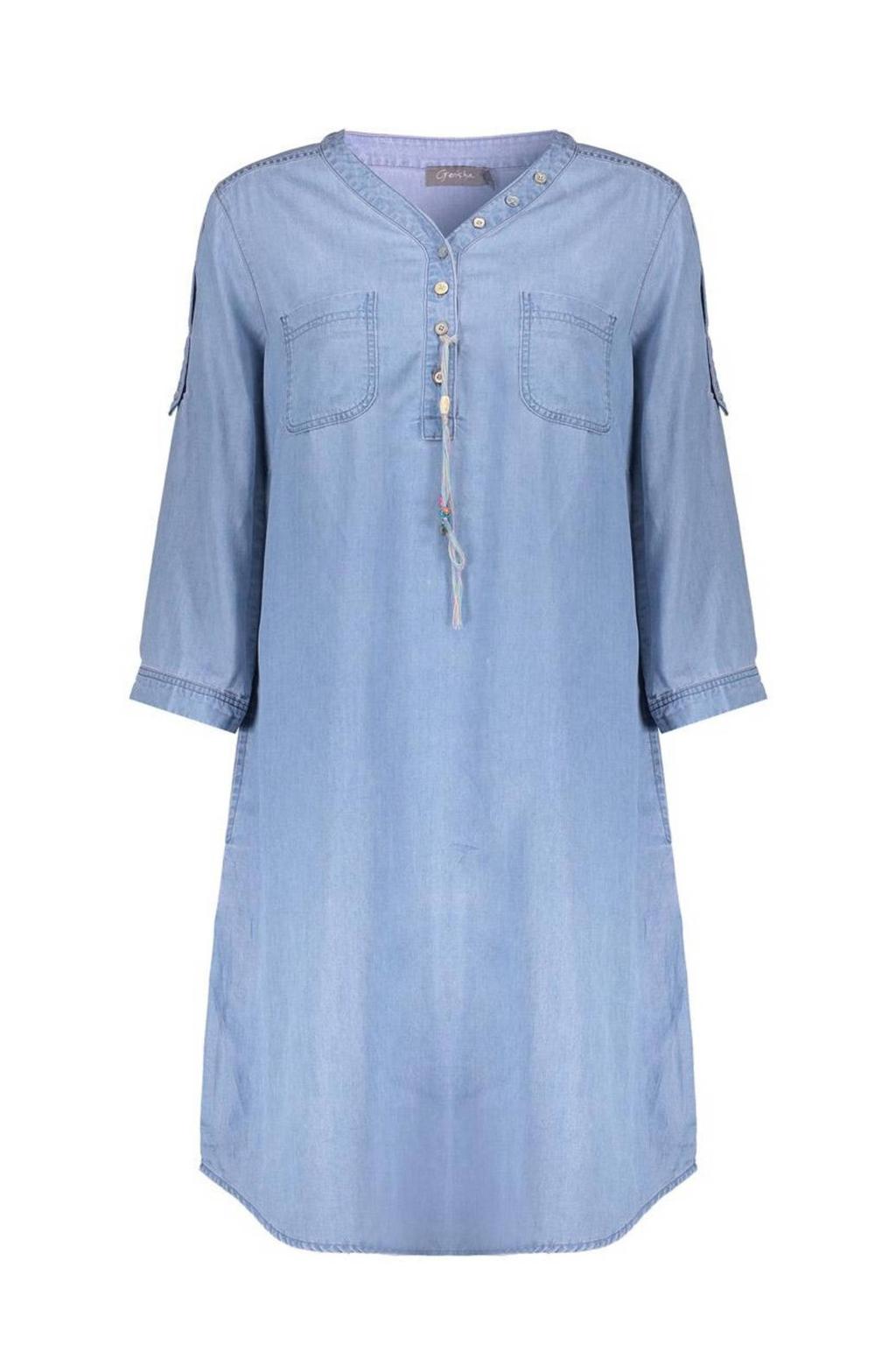 Blauwe dames Geisha blousejurk van lyocell met effen, driekwart mouwen, mao kraag, knoopsluiting en omslagdetail