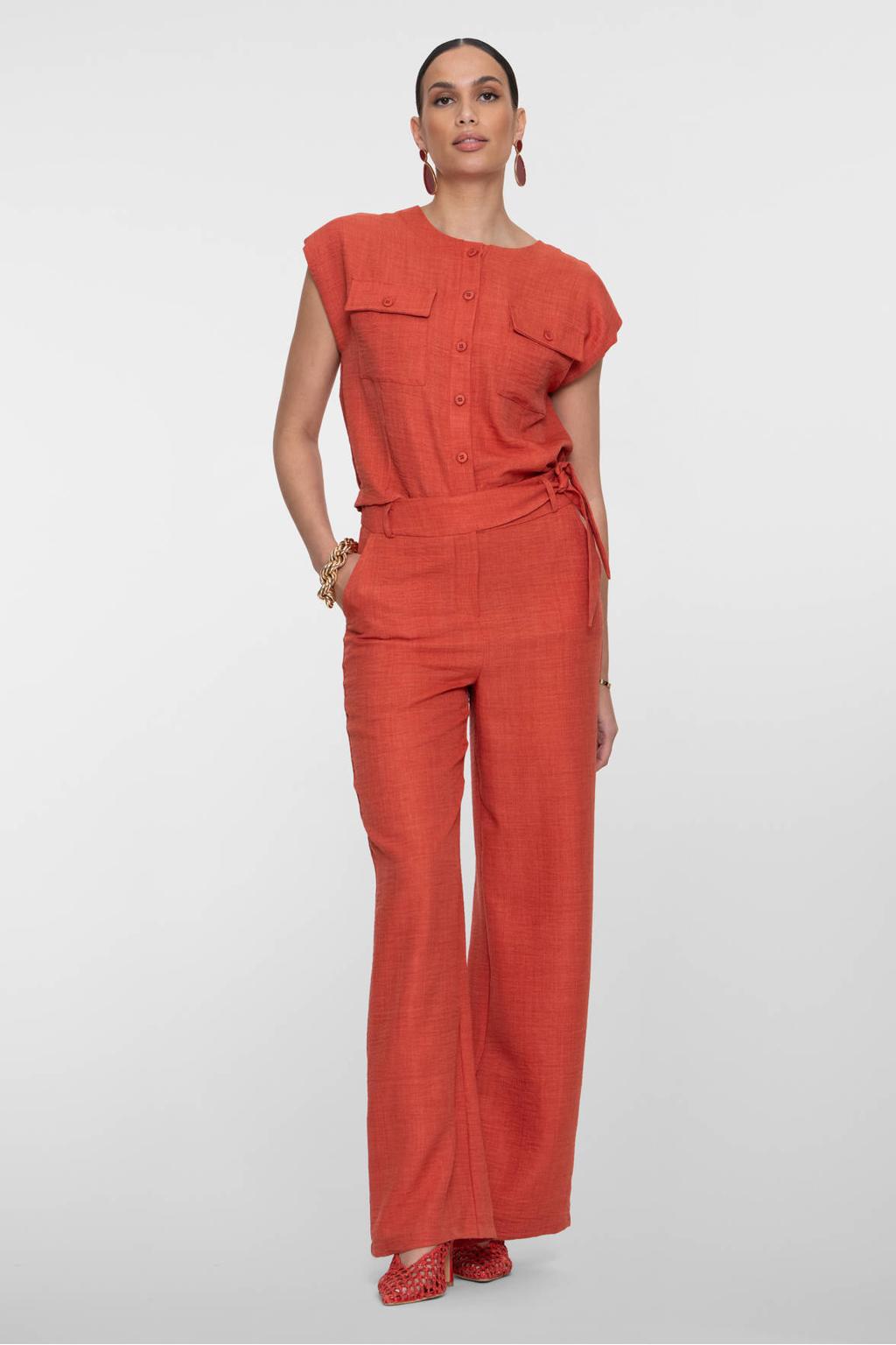 Koraalrode dames Geisha blouse van polyester met effen, korte mouwen, ronde hals en knoopsluiting