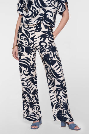 glimmende casual broek met bloemenprint donkerblauw