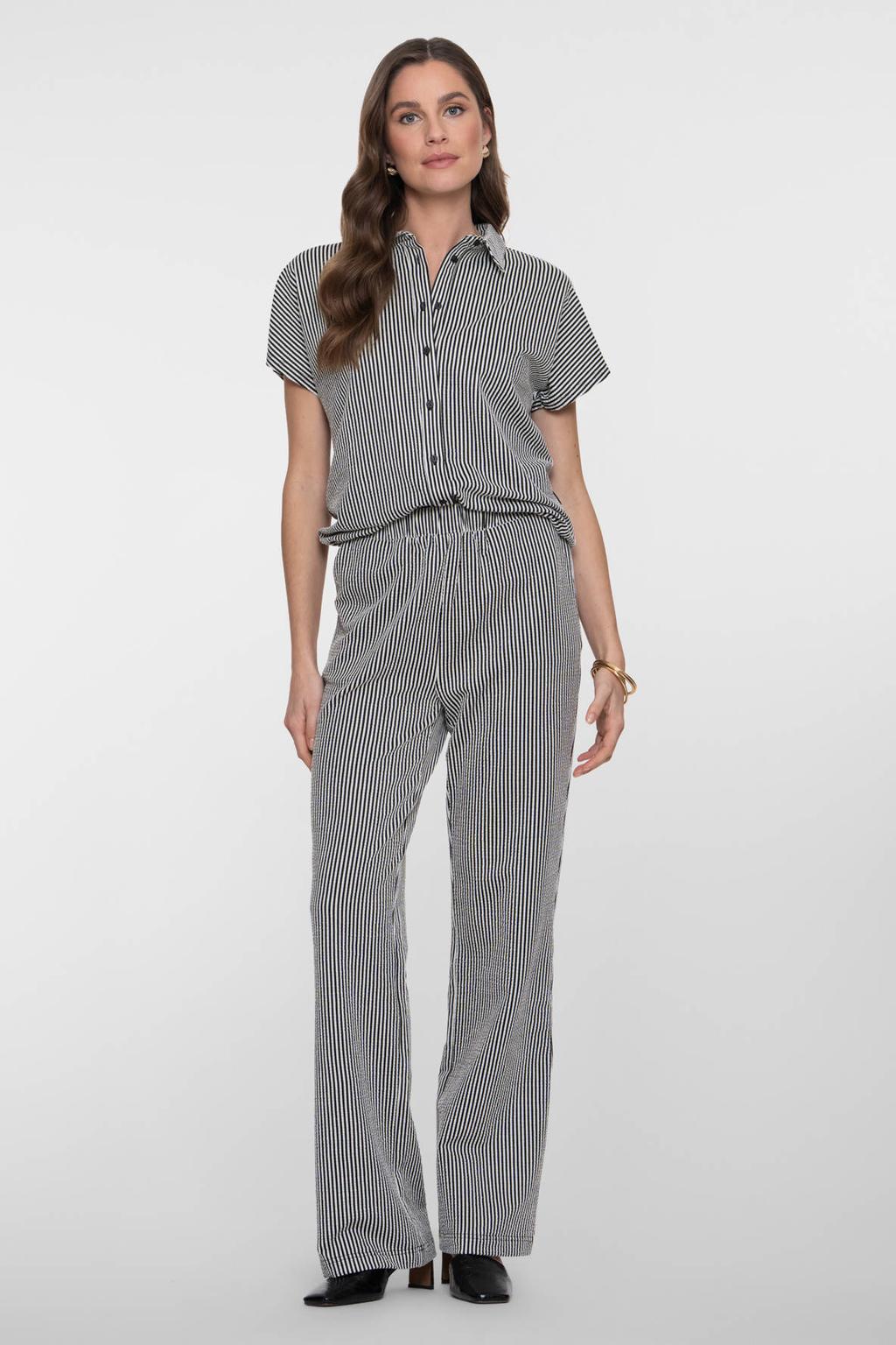 Zwarte dames Geisha bootcut regular waist gestreepte casual broek van katoen met elastische tailleband en krijtstreepprint