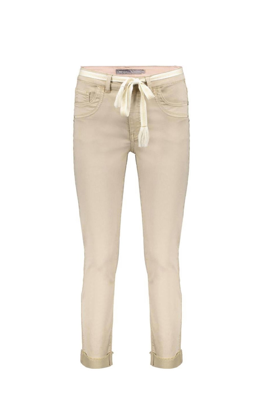 Beige dames Geisha skinny jeans van denim met effen, rits- en knoopsluiting en ceintuur