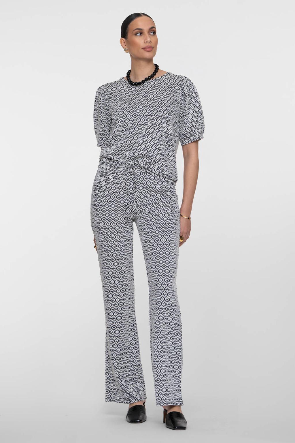 Donkerblauw en ecru dames Geisha high waist flared broek van polyester met elastische tailleband met koord