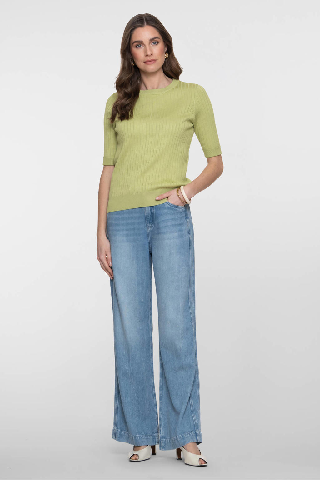 Groene dames Geisha top van viscose met effen, half lange mouwen, ronde hals en geribde boorden
