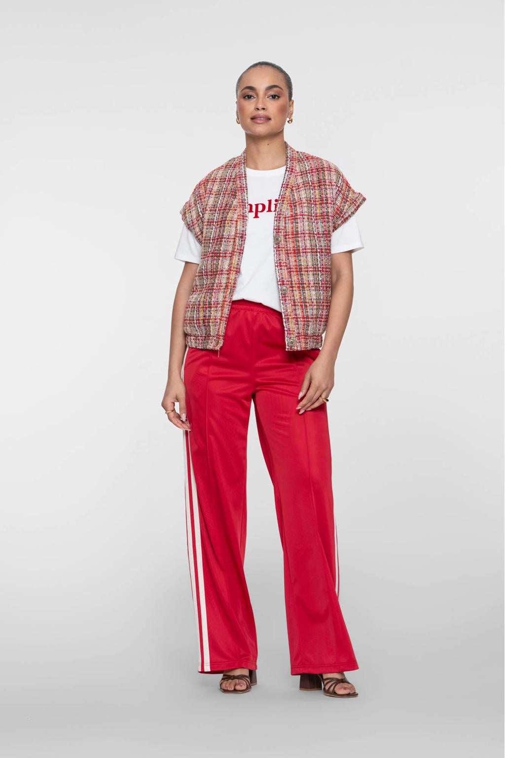 Rood en witte dames Geisha wide leg regular waist broek met effen