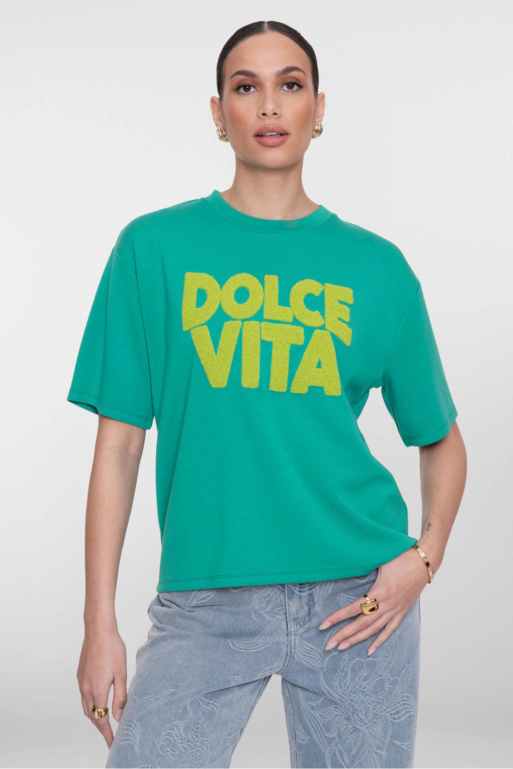 Groene dames Geisha T-shirt van viscose met effen, korte mouwen, ronde hals en teddy detail